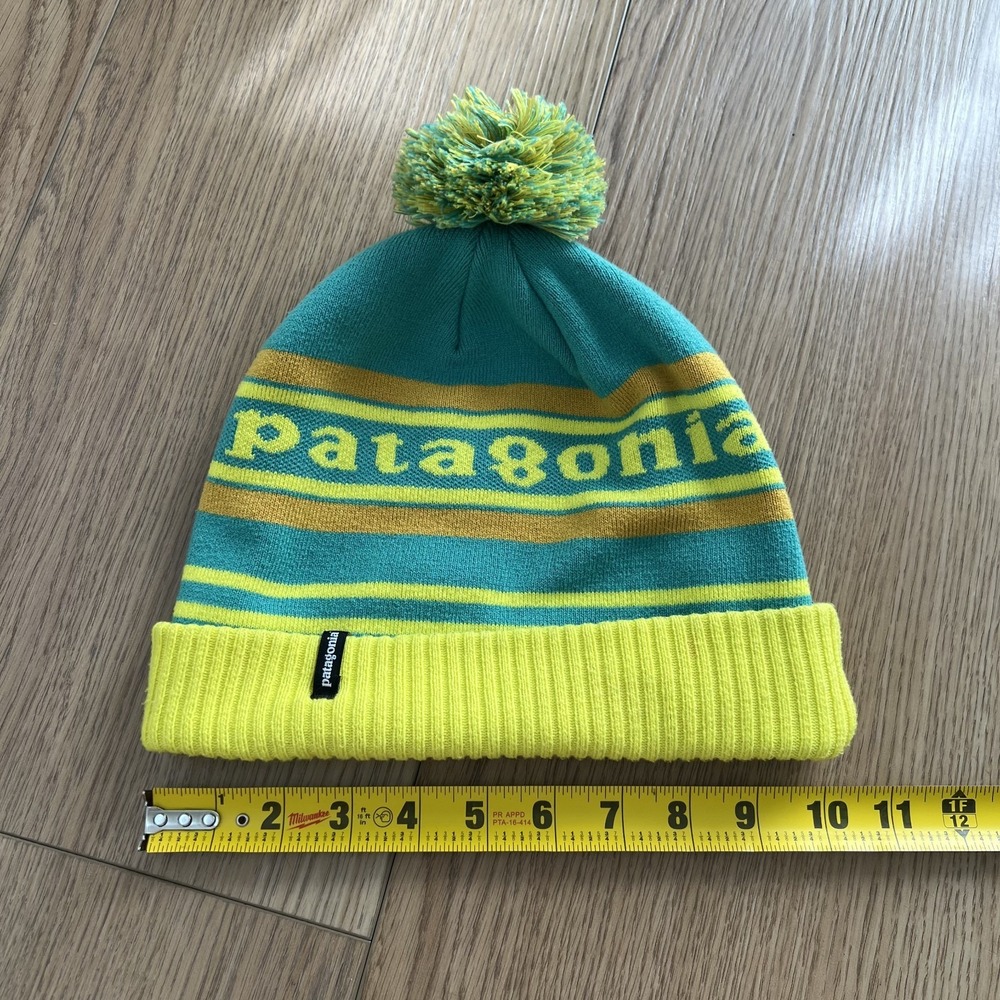 Patagonia Powder Town Knit Beanie Neon Green Yellow Teal Outdoor Hiking Logo